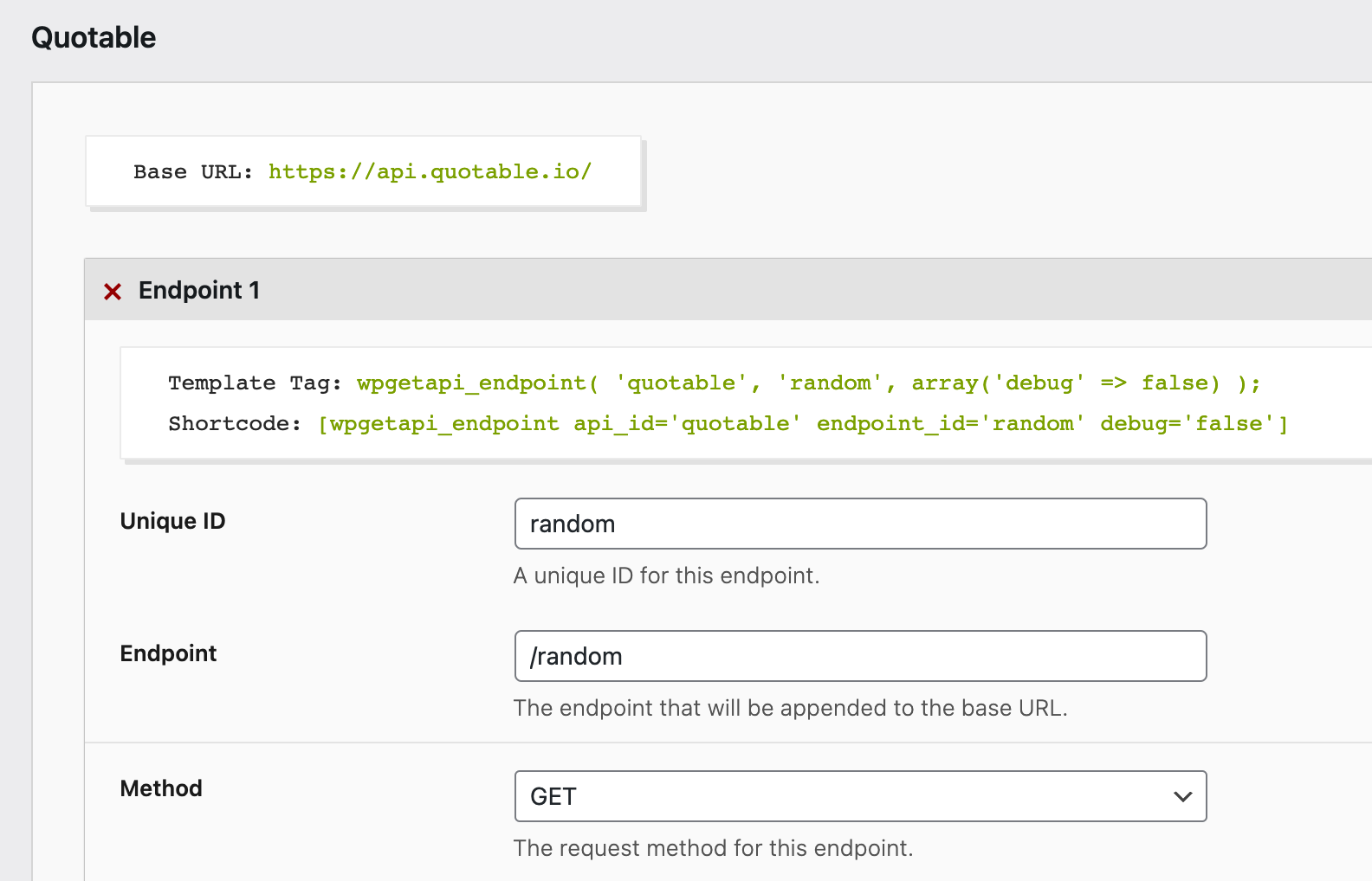 Using the shortcode wpgetapi