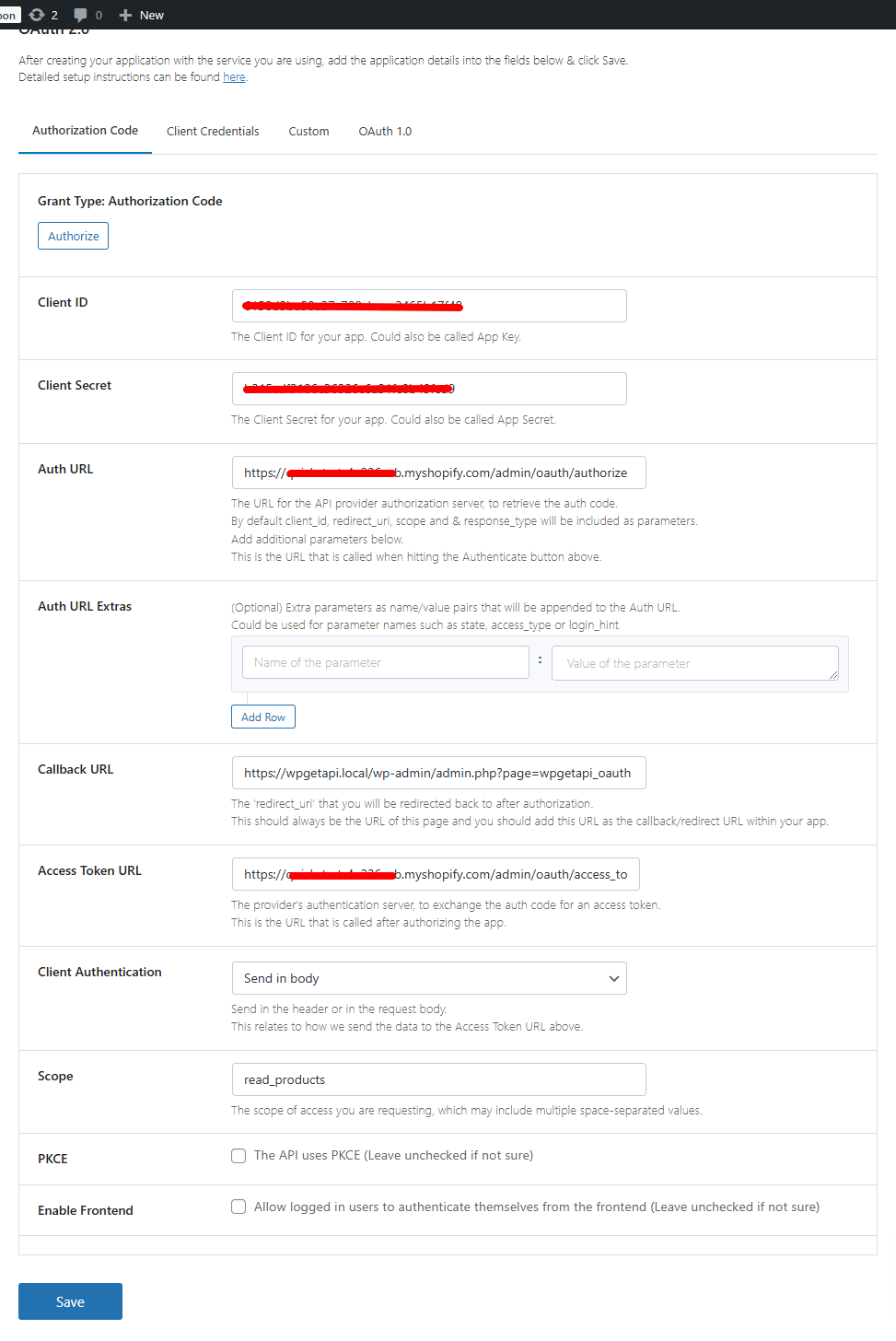 WPGetAPI auth setup for shopify