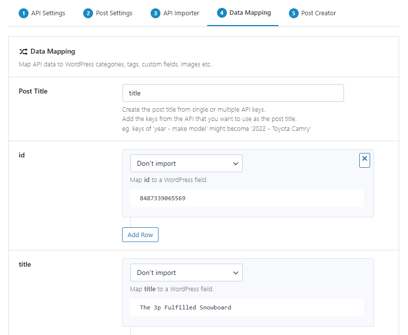 wpgetapi shopify data mapping