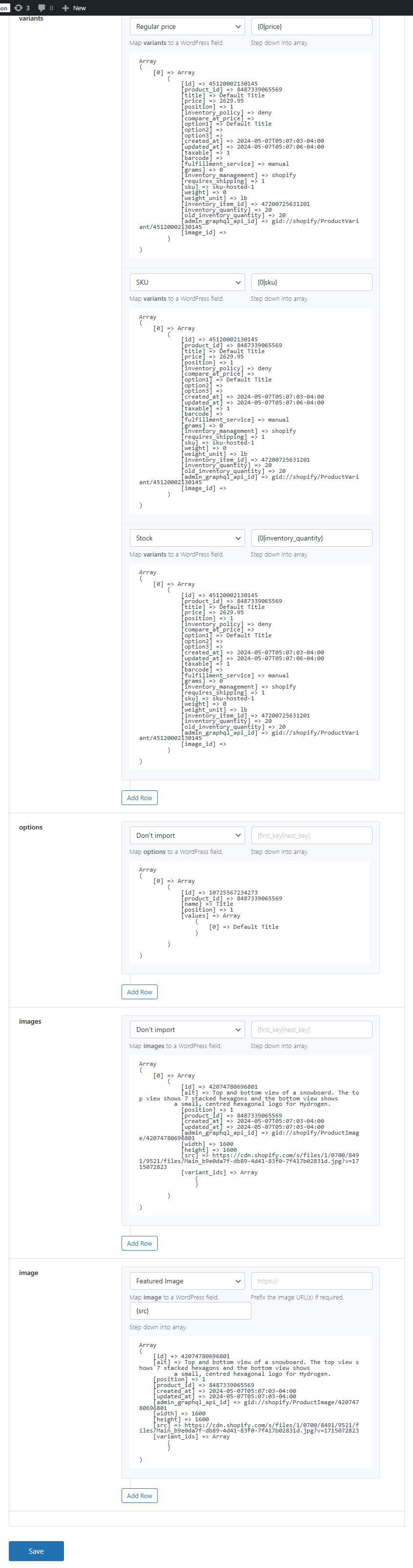 wpgetapi shopify data mapping 2